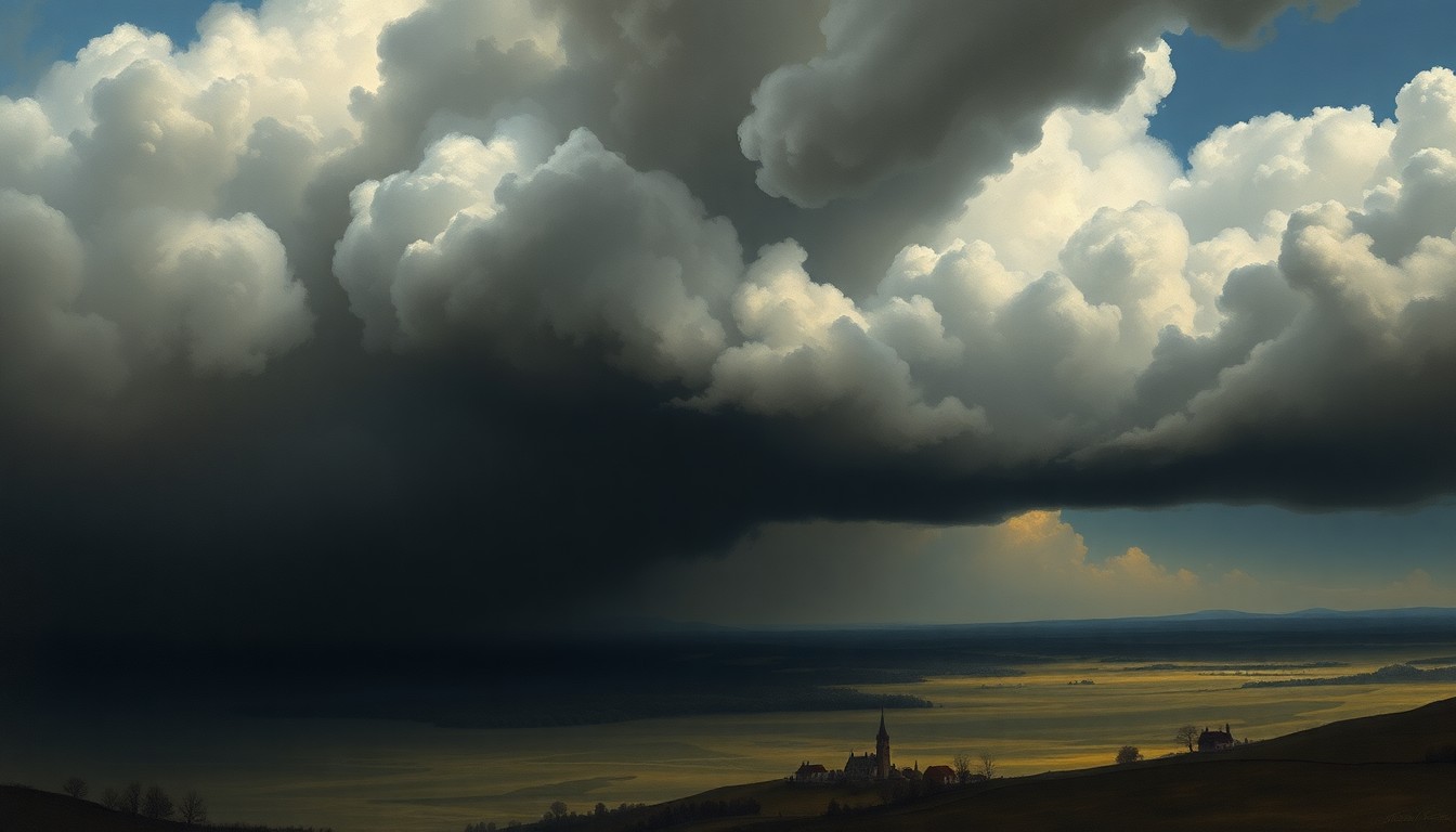 A vast, atmospheric landscape painting depicting an ominous, low-hanging storm cloud system casting a foreboding shadow over a small town in the distance, conveying the overwhelming power of nature.