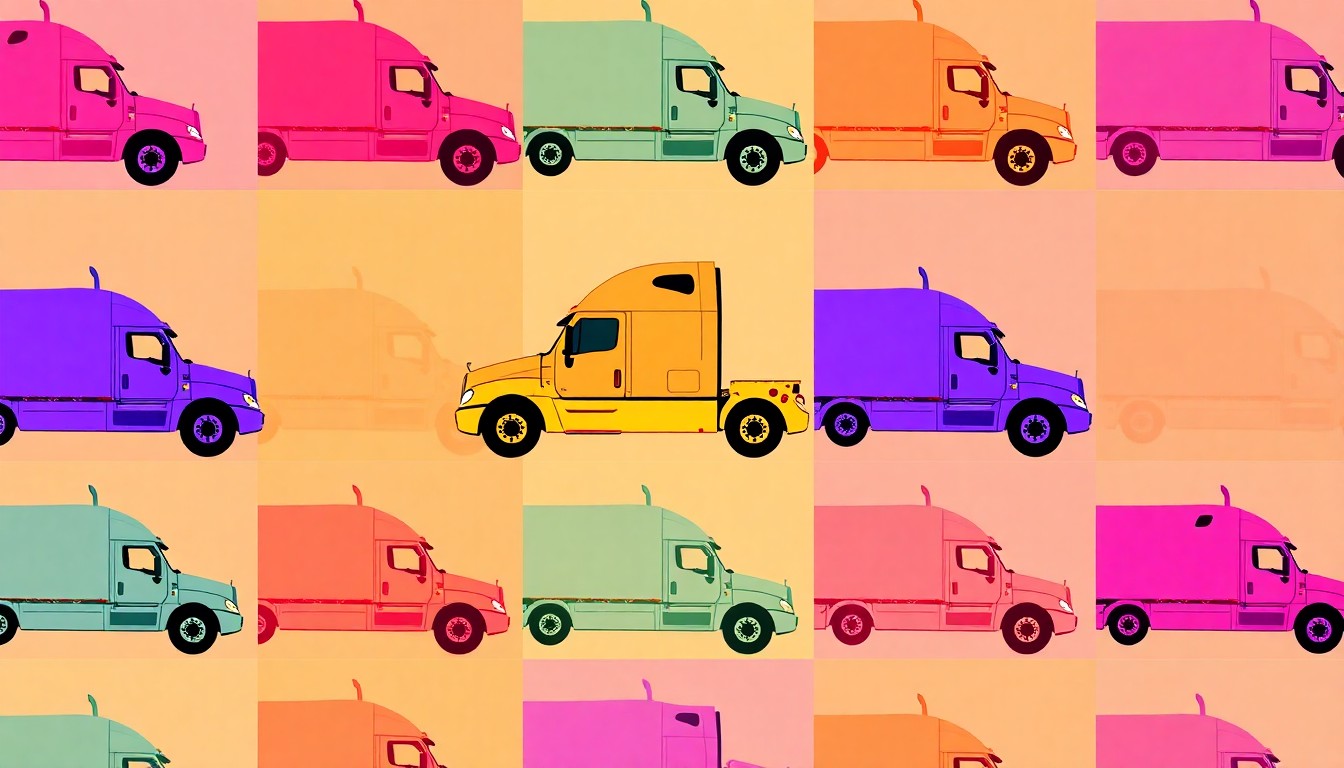 A bold, colorful silkscreen-style illustration featuring multiple repeating icons of a semi-truck in vibrant neon hues, conceptually representing the impact of Oregon's new commercial driver's license policy on the state's transportation industry.