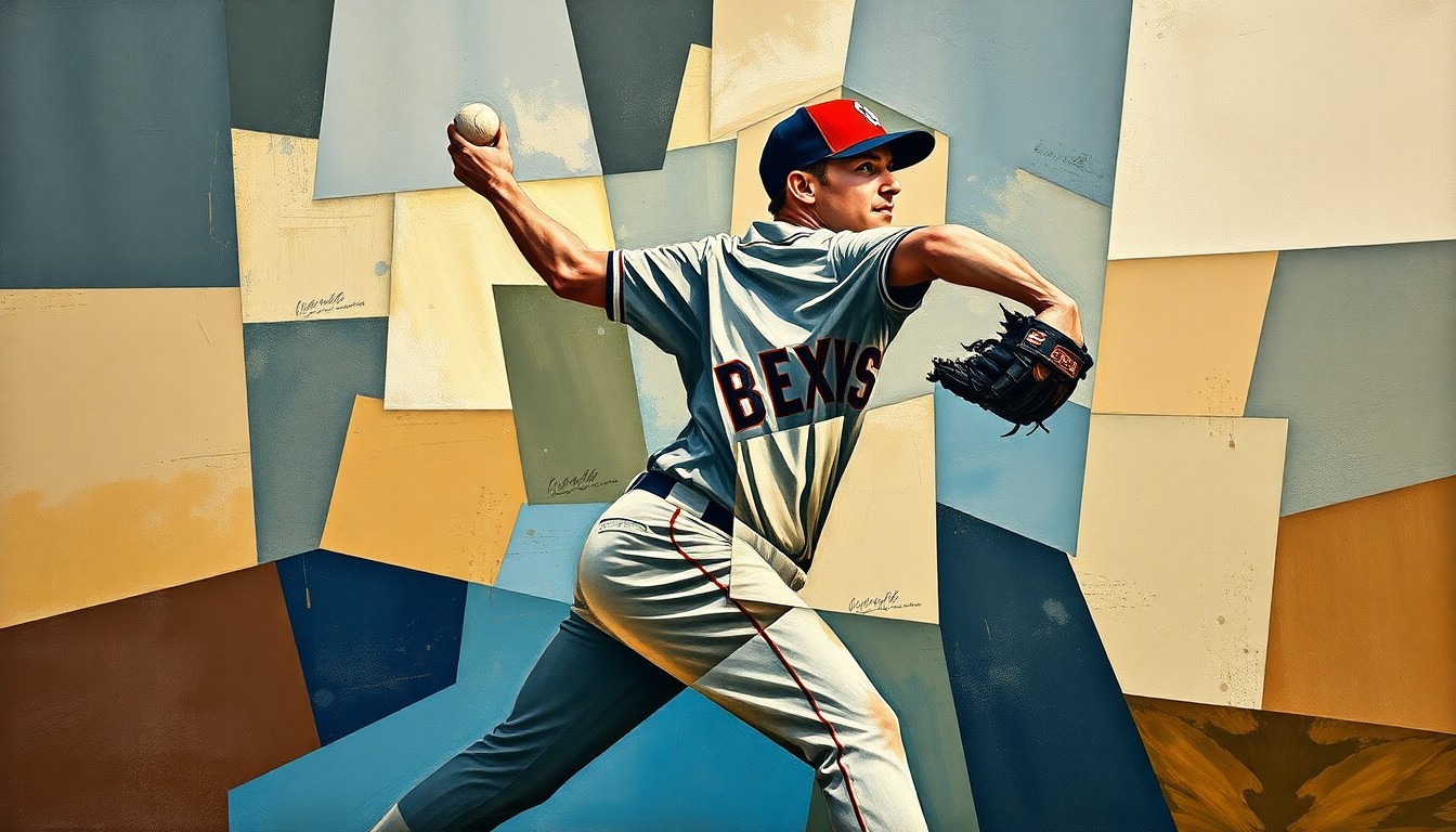 A fragmented, geometric painting depicting a baseball pitcher's motion broken down into overlapping planes of muted earth tones and deep blues, conveying the intense action and energy of the sport.