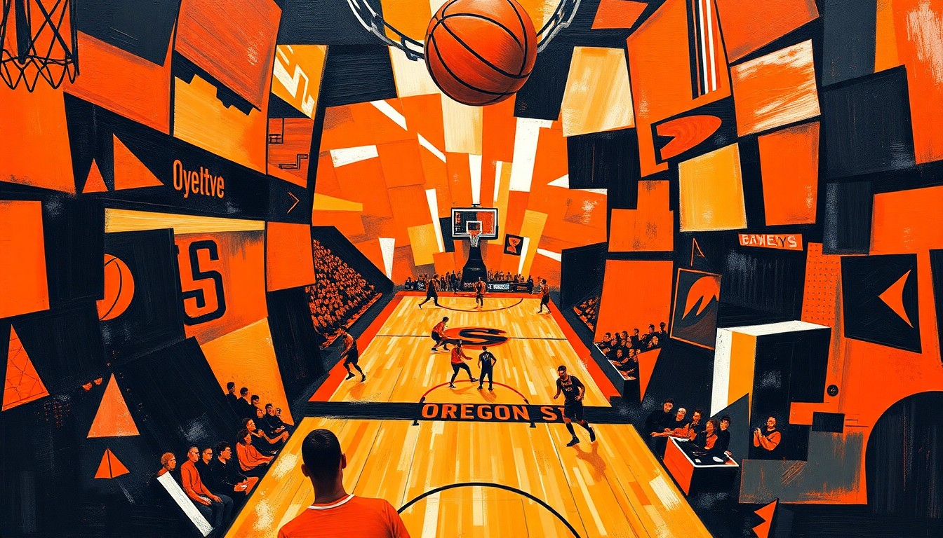 A cubist-style painting featuring sharp, overlapping geometric shapes in the colors of the Oregon State Beavers, representing the fragmented and chaotic nature of their tournament loss.