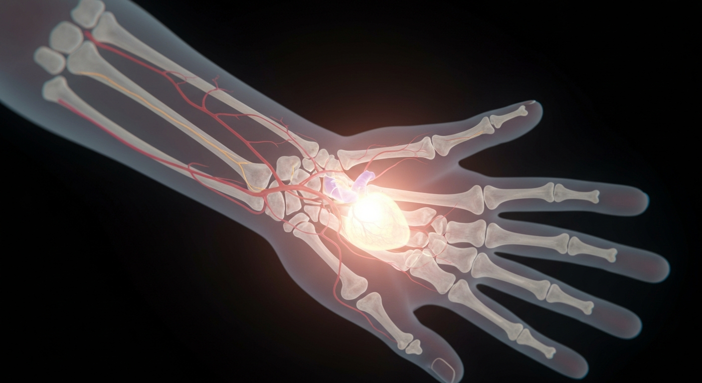 A ghostly, translucent X-ray photograph revealing the intricate internal structure of a human hand, with glowing bones and veins against a dark background, conceptually illustrating the importance of skin health.