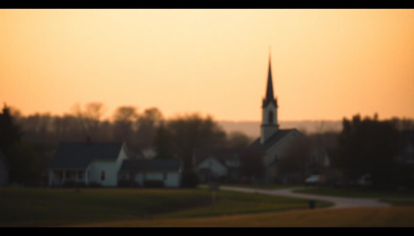 An extremely abstracted, out-of-focus photograph in soft, warm tones depicting the blurred silhouettes of homes, trees, and a church steeple in a small Kentucky town, conceptually representing the peaceful, pastoral setting of Virginia Lackey's hometown.