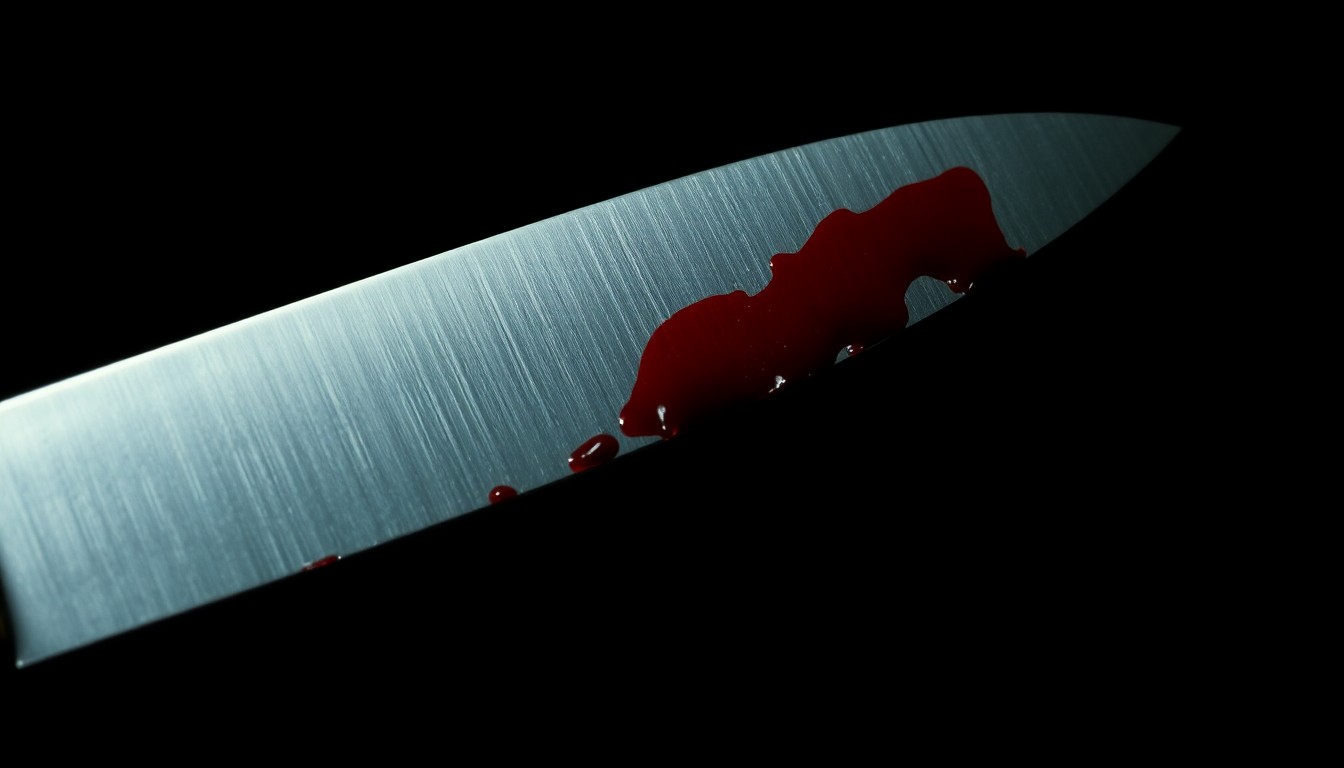 An extreme close-up of a single bloody knife blade against a pitch-black background, conveying the stark, gritty, and investigative nature of this tragic crime.