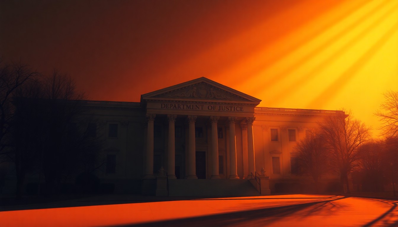 A cinematic painting of a government building in warm, golden light, with deep shadows suggesting an atmosphere of institutional unease and political tension.