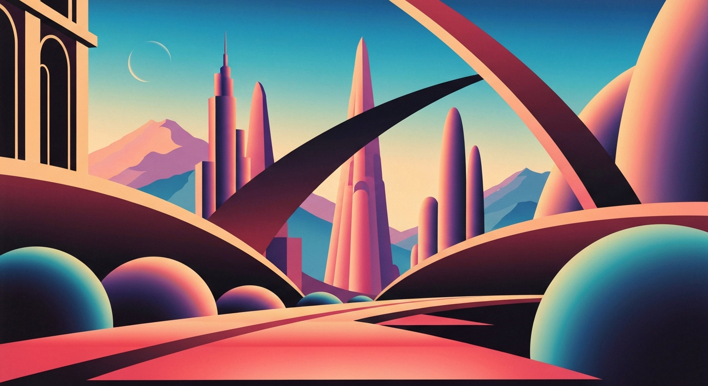 A bold, geometric illustration in the Art Deco style, featuring sweeping gradients and towering architectural forms, conceptually representing the scale and complexity of air travel disruptions.