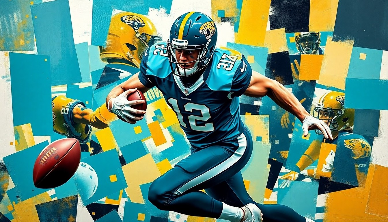 A fractured, cubist-style painting depicting a football player in motion, with sharp geometric shapes and planes of teal, gold, and black colors representing the Jacksonville Jaguars' colors. The abstract composition captures the raw energy and dynamism of a pass rusher in action.