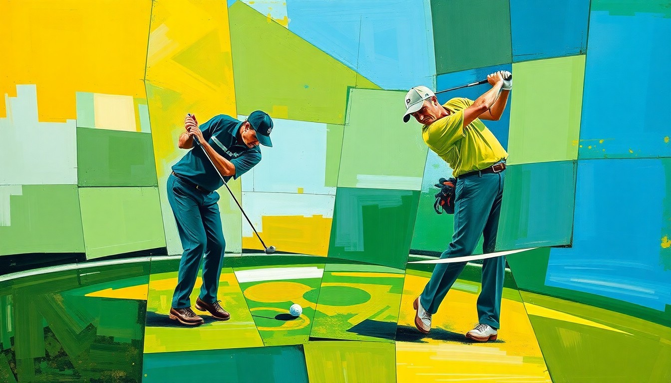 A fragmented, geometric painting depicting the fluid motion of a golfer's swing or putting stroke, rendered in a vibrant color palette of greens, blues, and yellows to capture the energy and tension of the tournament.