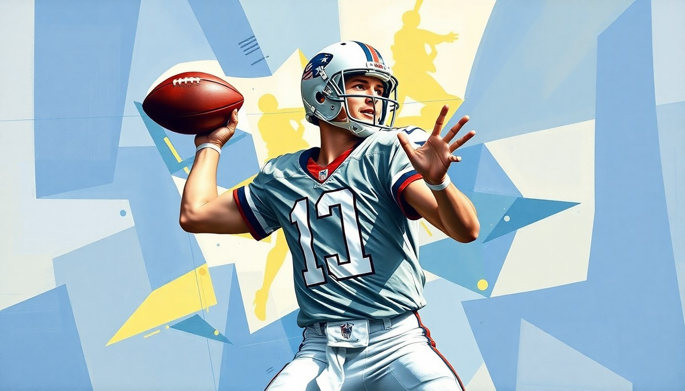 A cubist, geometric painting depicting a young quarterback in motion, with his form broken down into sharp, overlapping planes of color and shape.