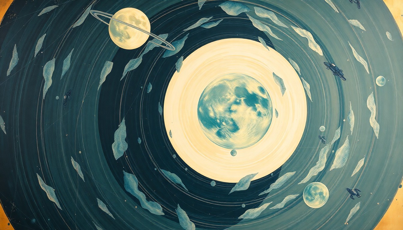 An abstract, highly structured painting in soft blues, greens, and golds, depicting the Artemis II spacecraft's trajectory towards the moon and the curved form of the Earth, conveying the grandeur and wonder of this historic spaceflight.