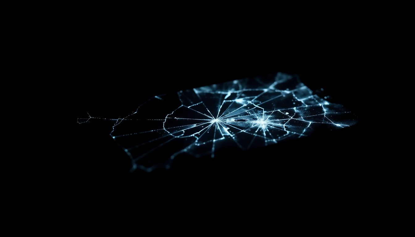 An extreme close-up photograph of a cracked and damaged smartphone screen, lit by a harsh, direct camera flash against a pitch-black background, conceptually representing the gritty investigation into digital evidence of child exploitation.