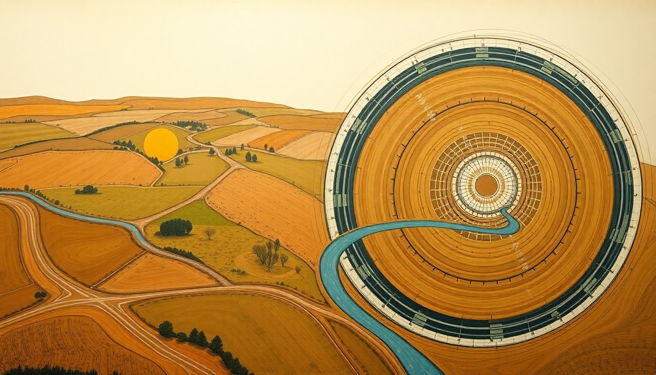 A highly textured, geometric abstract painting in earthy tones, depicting the interconnected natural forces and land use patterns that impact water quality in a rural watershed, without any text or identifiable elements.