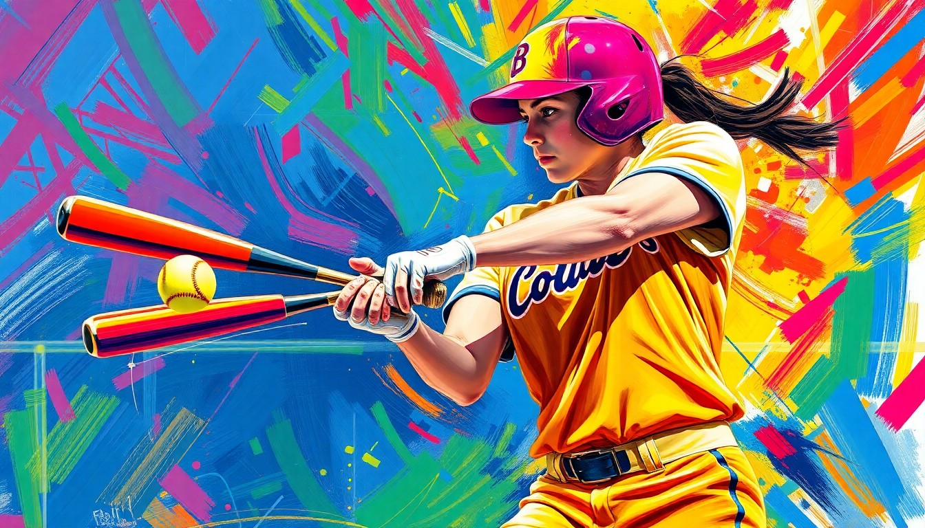 An abstract, energetic painting in neon colors depicting the explosive motion and power of a high school softball player's home run swing.