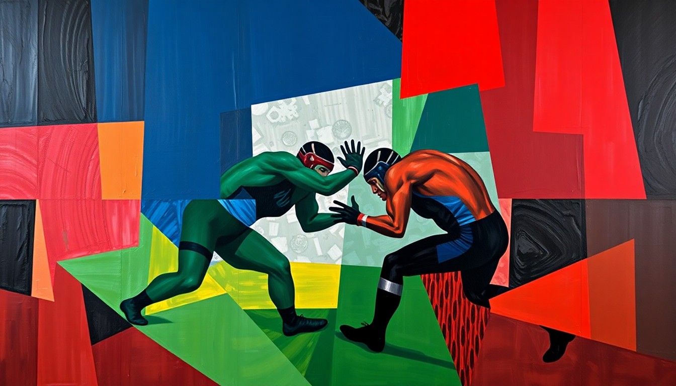 A fractured, geometric painting depicting the abstract movements and energy of a wrestling match or competition, with sharp planes of navy, green, and red colors overlapping to create a dynamic, deconstructed visual.