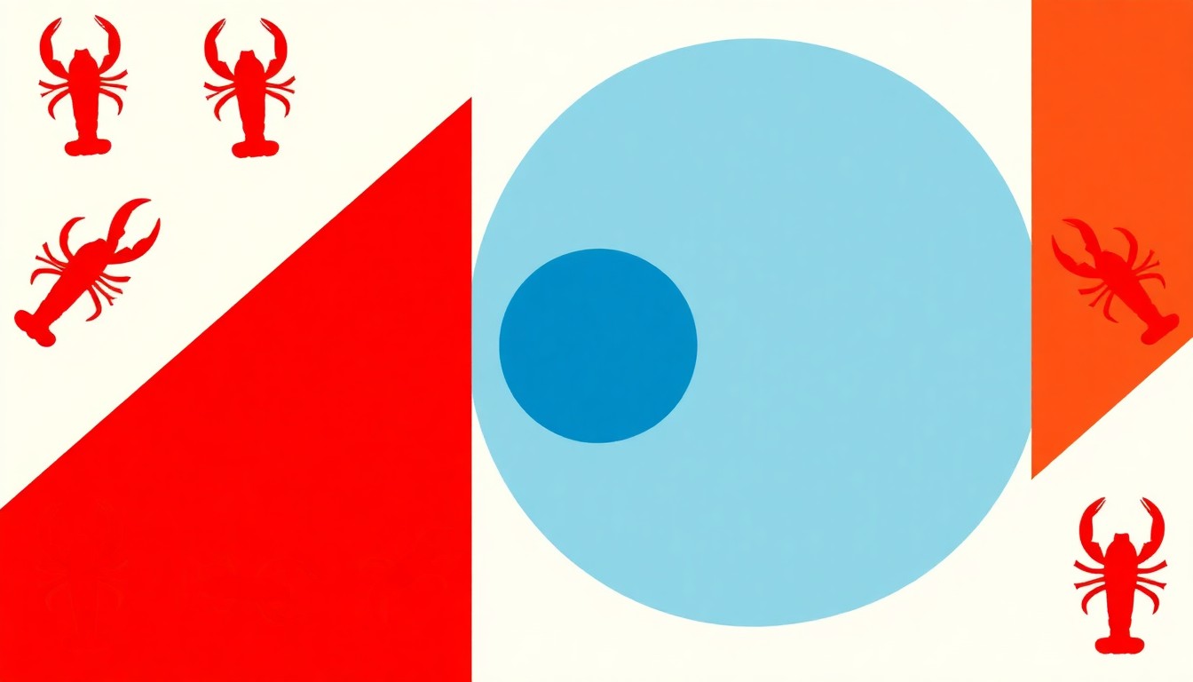 A minimalist, abstract illustration featuring bold geometric shapes and crawfish silhouettes in shades of red, orange, and blue, conceptually representing the economic impact and community spirit of the Ozark Crawdad Festival.