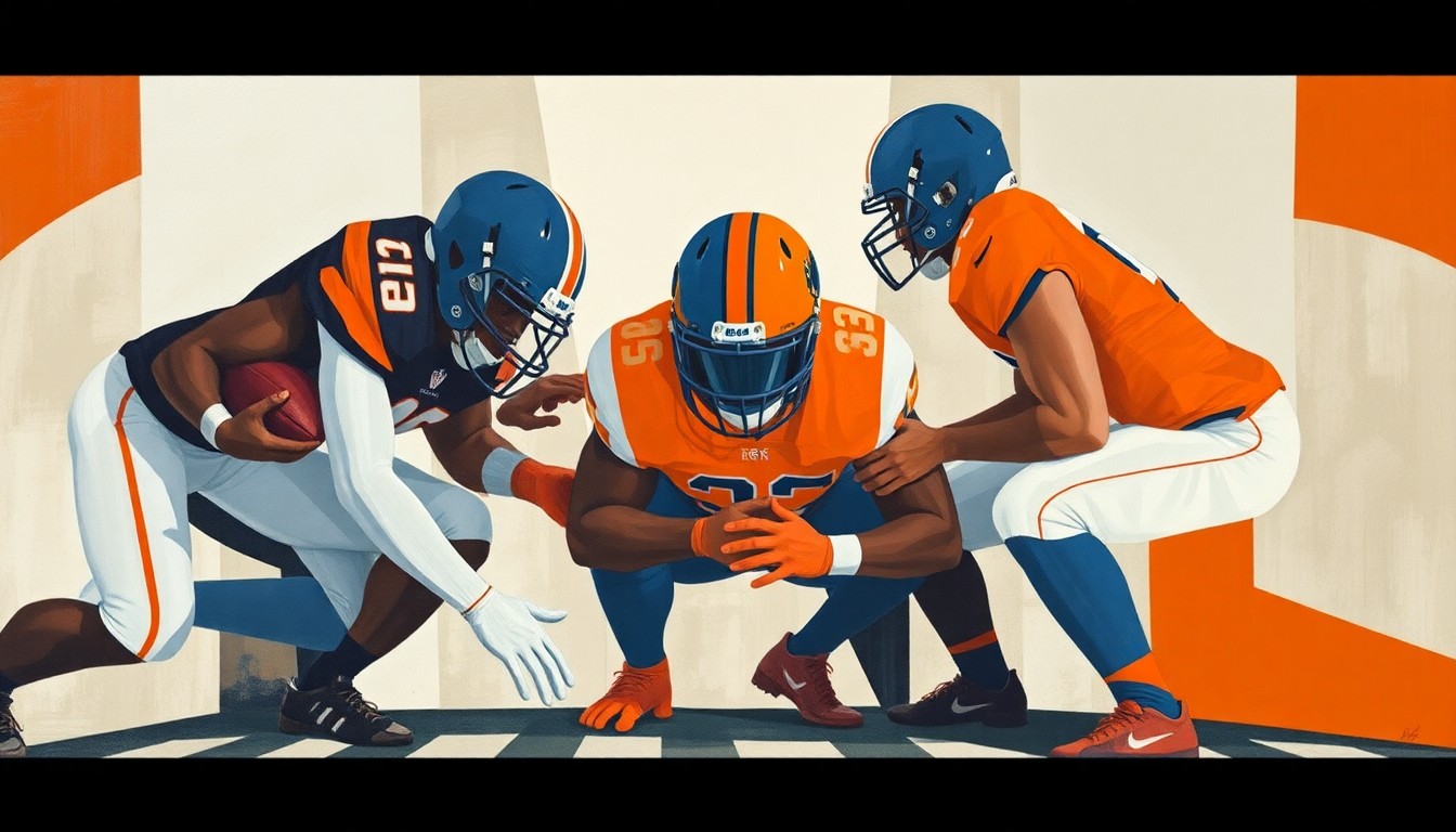 A cubist-style painting depicting the fragmented, geometric forms of a football offensive line, rendered in the team colors of the University of Texas Longhorns.