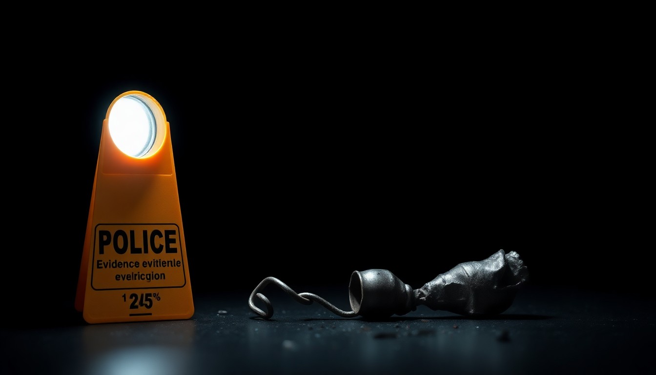 An extreme close-up photograph of a small, twisted metal object pulled from a canal, lit by a harsh direct camera flash against a pitch-black background, conceptually illustrating the investigation into a body found in the waterway.