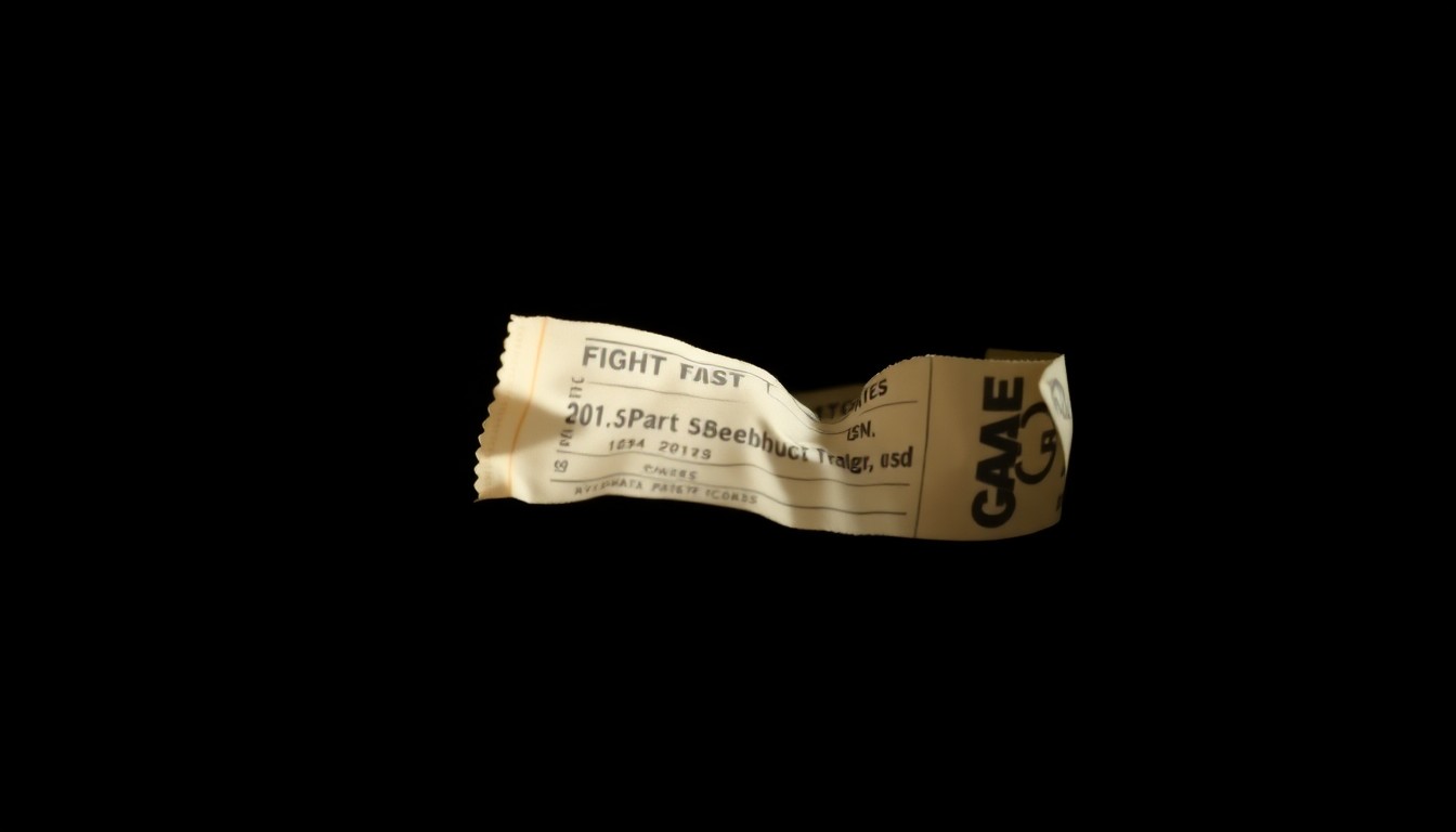 An extreme close-up photograph of a crumpled, torn ticket stub or wristband, dramatically lit by a harsh camera flash against a pitch-black background, conceptually representing the disruption and chaos of a fight at an amusement park.