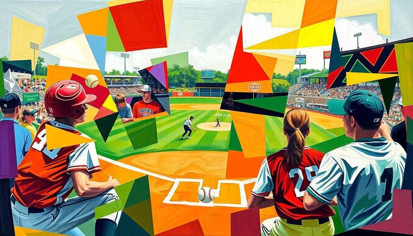 A fragmented, geometric painting depicting a softball game, with sharp planes of color representing the players, field, and equipment, conveying the intensity and motion of the sport.
