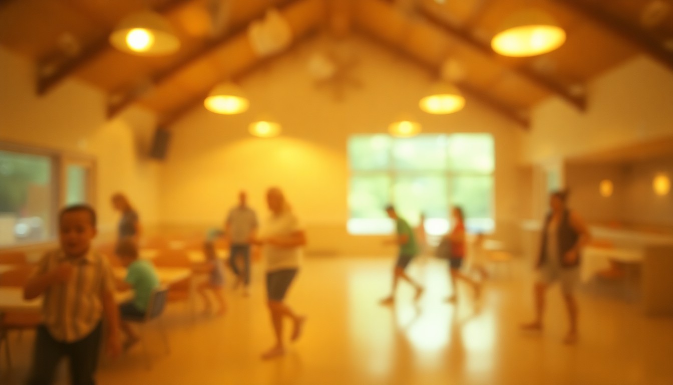 An abstract, impressionistic scene of people enjoying recreational activities in a community center, with soft, warm-toned colors and a blurred, out-of-focus effect creating a sense of atmosphere and emotion.
