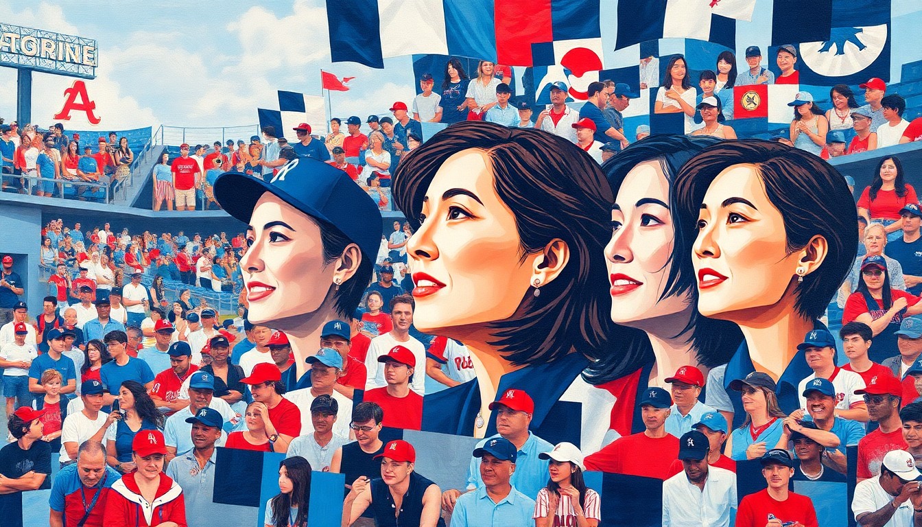A vibrant, abstract painting depicting a crowd of baseball fans in motion, with the faces of Maura Healey and Michelle Wu repeated in overlapping, geometric patterns of blue, red, and white, conveying the energy and emotion of the booing incident.