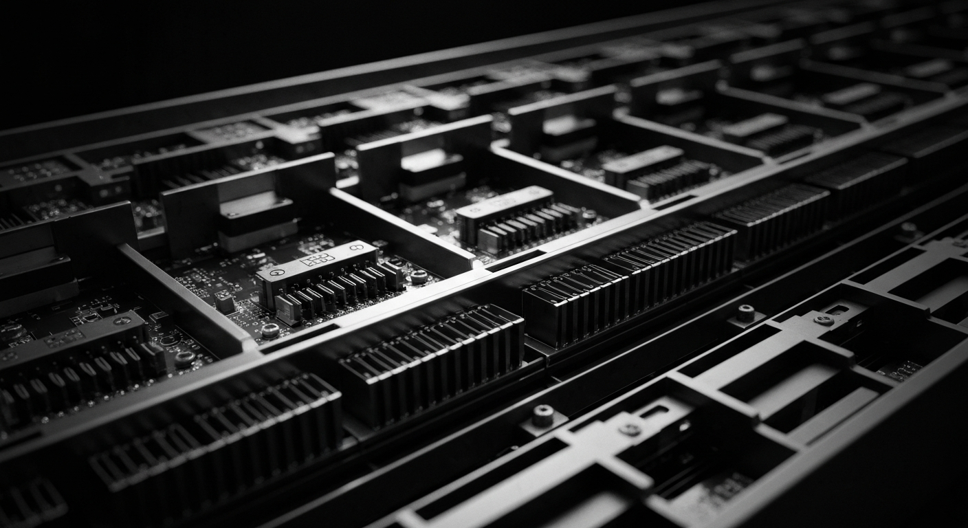 A highly detailed, black-and-white close-up image of the internal components and hardware of a digital payment processing system, conveying a sense of the secure, industrial-scale infrastructure that enables modern financial transactions.