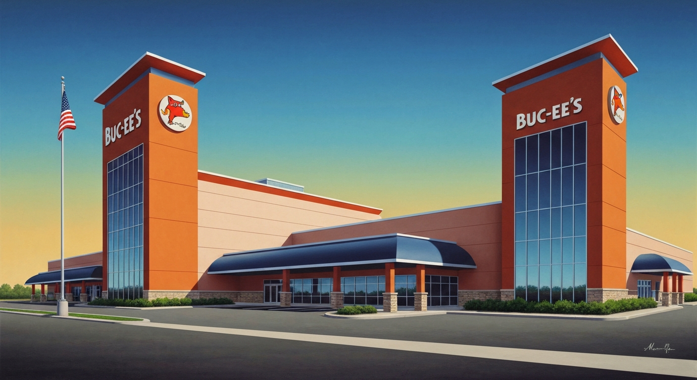 A bold, geometric illustration in the Art Deco style depicting the towering, streamlined forms of a modern travel center, capturing the grand scale and sleek design of the new Buc-ee's location in Huber Heights, Ohio.