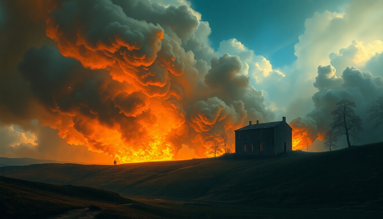 A vast, atmospheric landscape painting depicting a raging fire consuming a lone, dilapidated structure in the distance, with billowing smoke obscuring the details and dwarfing the building's scale, conveying the overwhelming power of the natural elements.