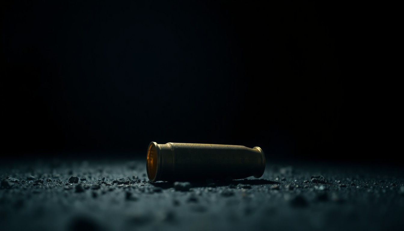 An extreme close-up photograph of a spent shell casing on the ground, capturing the stark, gritty details of a crime scene in a way that conveys the gravity of the situation without depicting actual violence.