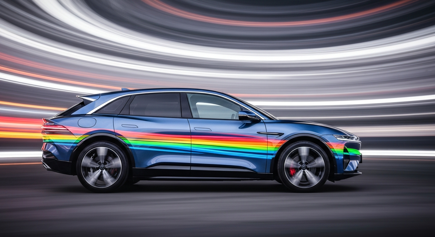 An abstract, blurred image of a Lucid Gravity SUV in motion, with vibrant streaks of color representing the vehicle's speed and the challenges of electric vehicle manufacturing.