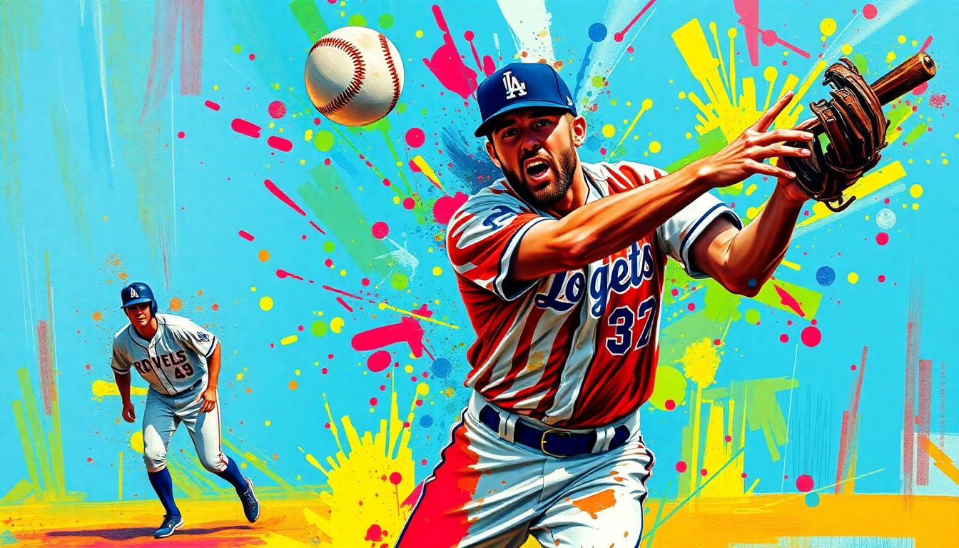 An extreme close-up of Cody Bellinger's outstretched arms and glove as he makes a juggling catch, with vibrant neon brushstrokes capturing the raw energy and movement of the play.