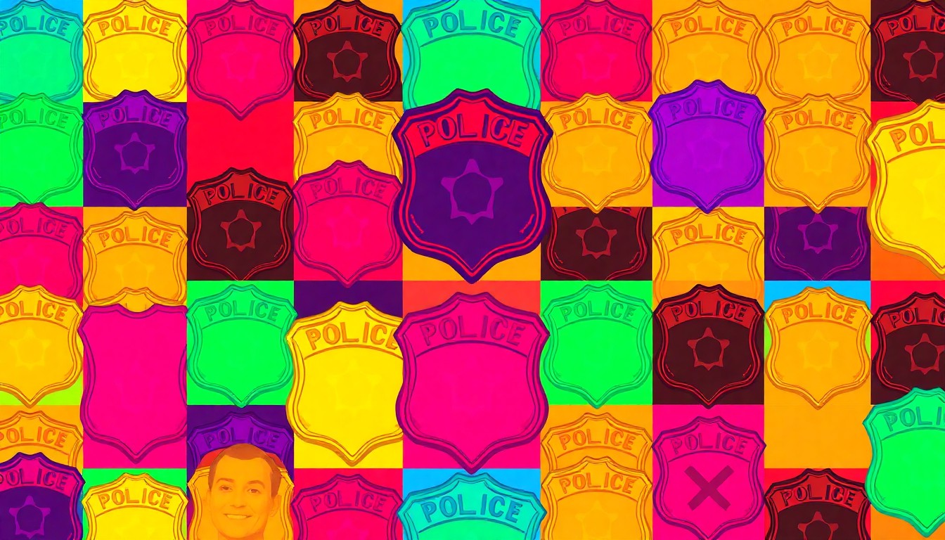 A highly stylized, abstract grid of a police badge rendered in bold, neon colors, conceptually representing the themes of law enforcement reform and organizational change explored in the memoir.