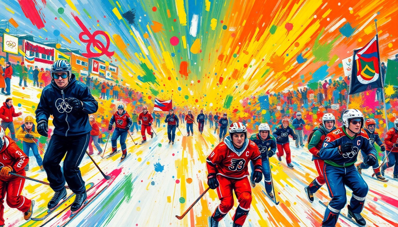An abstract expressionist painting in vibrant neon hues, with blurred figures of winter sports athletes moving through a dynamic, energetic composition that captures the celebratory spirit of an Olympic homecoming parade.