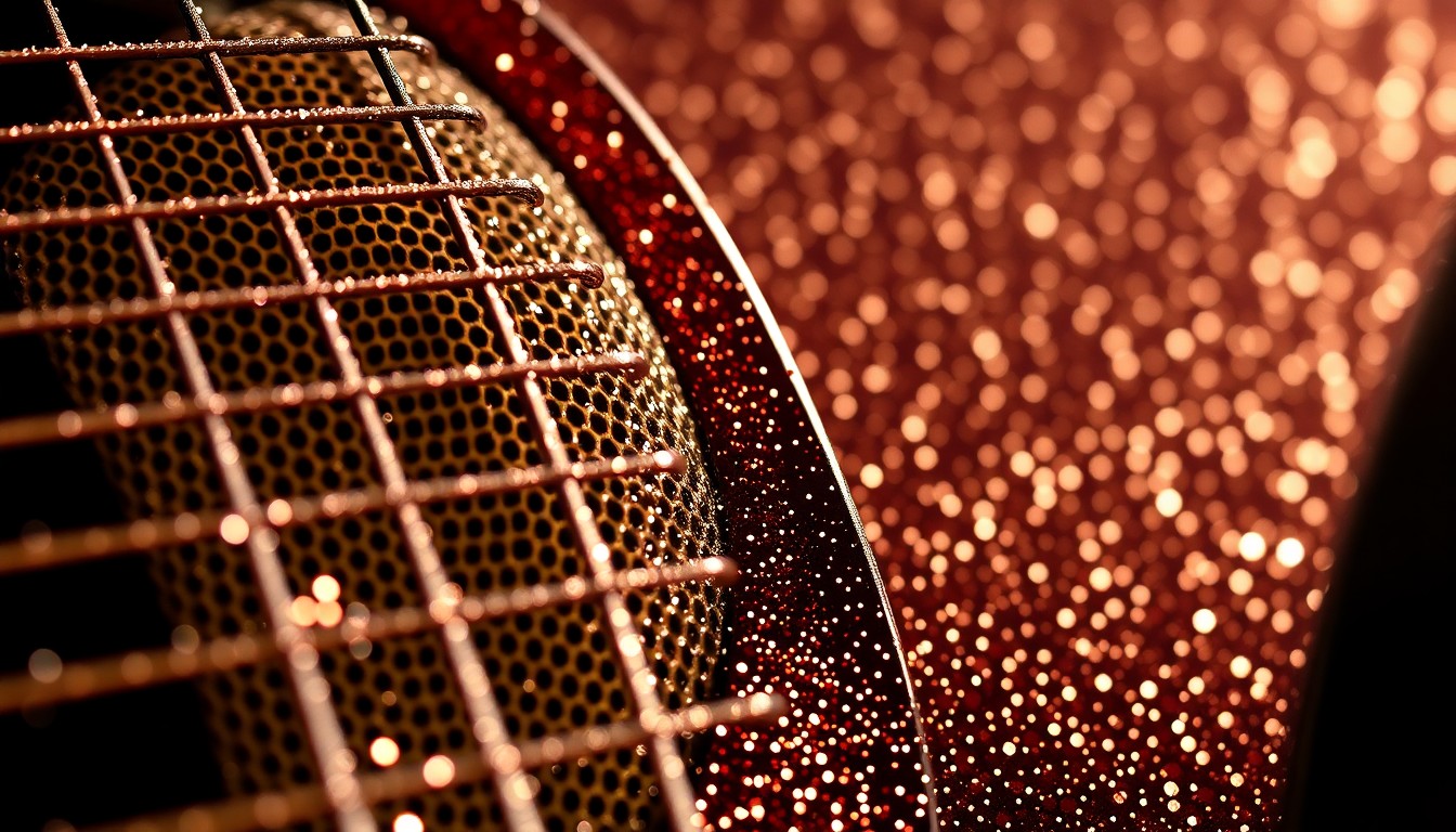 An abstract close-up image of shimmering, high-contrast country music textures like guitar strings and microphone grilles, conveying the glamour and energy of the genre.