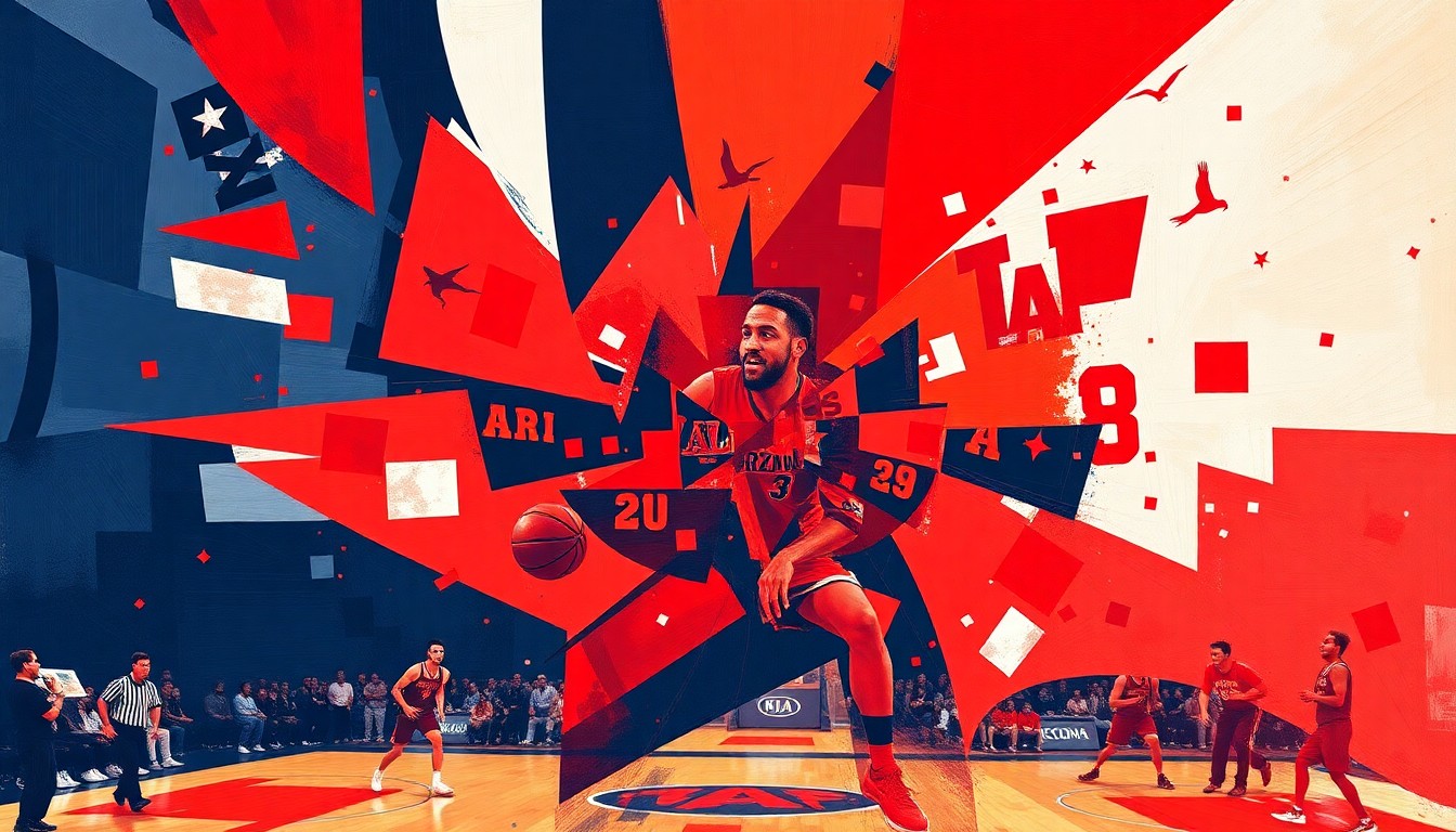 A fragmented, geometric painting in shades of red and blue, capturing the dynamic movement and intensity of a college basketball game or match.