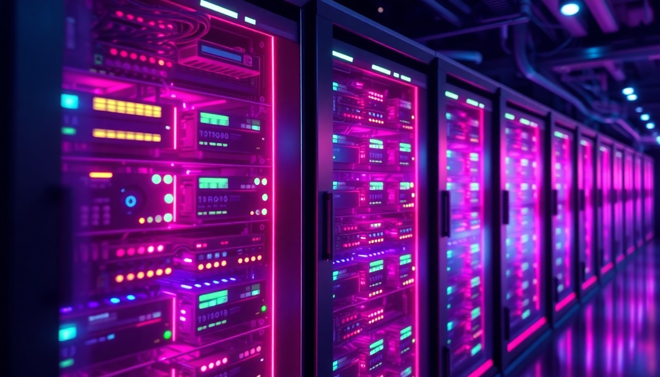 A highly detailed, glowing 3D illustration of a futuristic data center server rack, with neon cyan and magenta lights illuminating the intricate hardware components, conveying the scale and complexity of the technology powering modern AI and cloud computing.