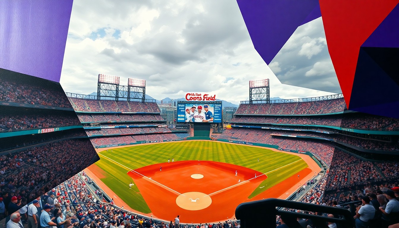 A cubist-style painting featuring sharp, overlapping geometric shapes in Rockies purple, Phillies red, and muted greys, conceptually representing the chaotic and lopsided nature of the Rockies' home opener loss.