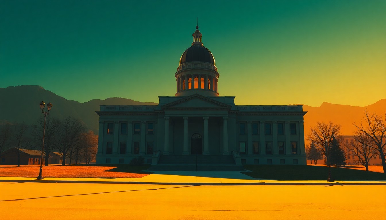 A serene, photorealistic painting of a Utah state capitol building in warm, golden light, conveying a sense of quiet contemplation and the high-stakes political tensions surrounding the redistricting fight.
