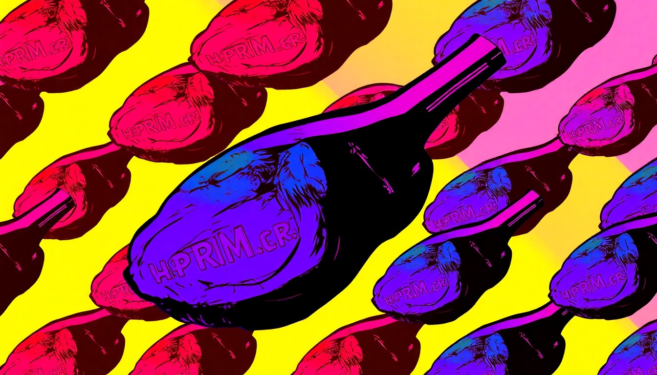 A bold, colorful silkscreen-style illustration featuring a repeating pattern of a single, iconic prime rib dish, conceptually representing the prime rib as the main attraction of the Monarch Casino Buffet.