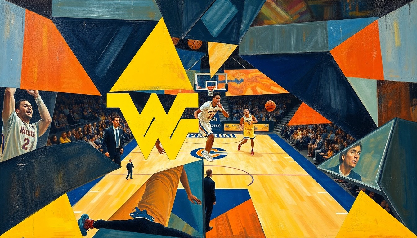 A fragmented, geometric painting depicting the action of a basketball game, with sharp, overlapping shapes and planes representing the defensive intensity and competitive energy of the West Virginia-Creighton matchup.