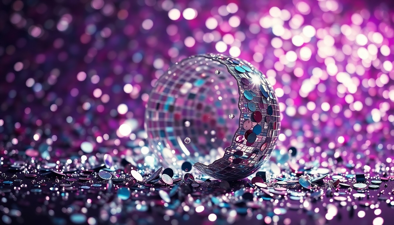 An extreme close-up of shimmering sequins and shattered glass reflecting dramatic studio lighting, conceptually representing the allure and controversy of Mormon influencer culture.