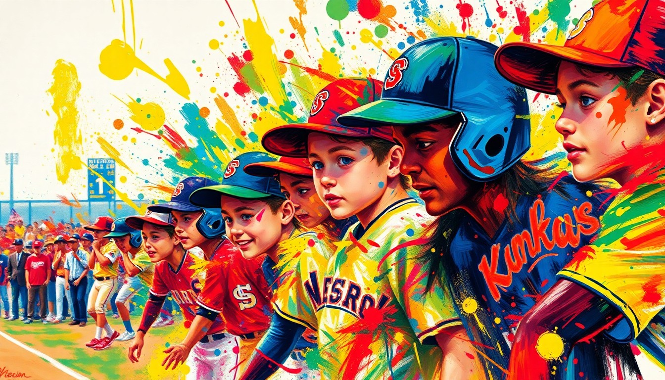 An expressionist painting in vibrant neon colors capturing the raw energy and competitive spirit of a high school baseball game, with players' faces and uniforms dissolving into unrecognizable splatters of paint.