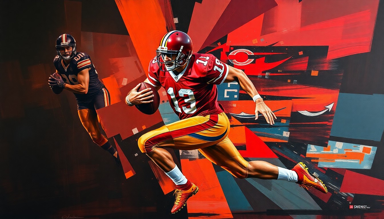 A fragmented, cubist-style painting depicting a football player in mid-motion, broken down into sharp geometric shapes and planes in a palette of deep reds, oranges, and blues, conceptually representing the complex and unresolved nature of the NFL's handling of domestic abuse cases.