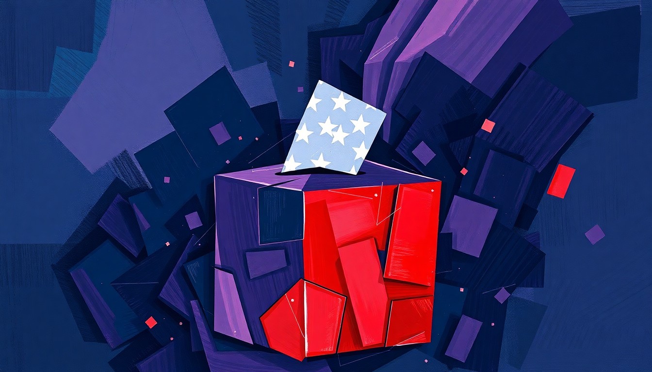 A fragmented, abstract painting featuring a ballot box in shades of blue, purple, and red, conveying the contested and chaotic nature of the debate over mail-in voting.