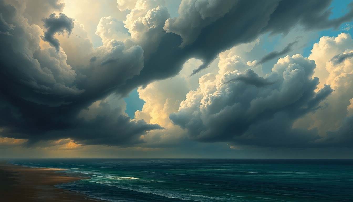 A vast, majestic landscape painting depicting a stormy, turbulent sky over the Florida coastline, with the ocean and beach dwarfed by the overwhelming scale of the natural elements.