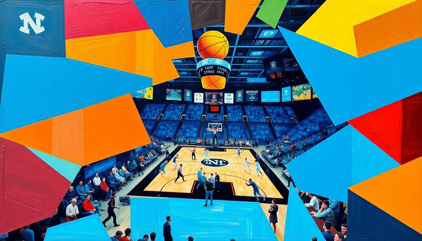 A cubist, geometric painting depicting a fragmented college basketball game, with sharp, overlapping planes of color representing the players and court. The conceptual illustration captures the complexity and challenges facing UNC's coaching search.