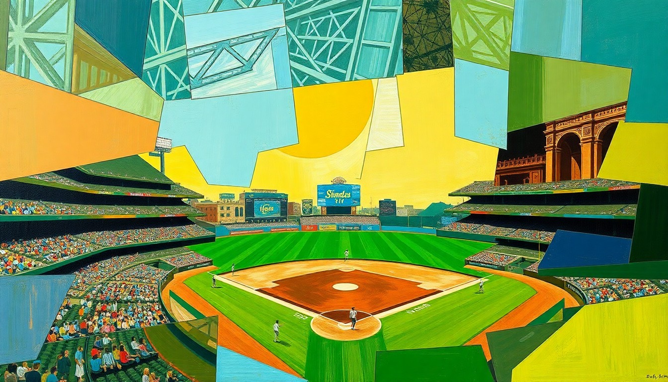 A fragmented, geometric painting depicting the dynamic movements and competing perspectives of a college baseball game, rendered in a cubist style with bold strokes of green, brown, and blue.