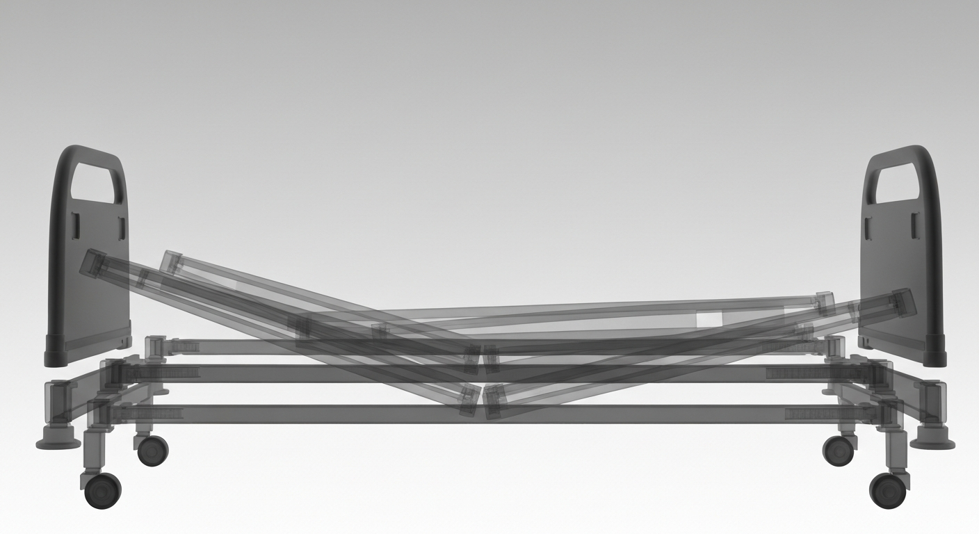 An extreme close-up X-ray photograph showing the intricate internal structure of a hospital bed frame, rendered in a ghostly, translucent style to symbolize the expansion of mental health care services.