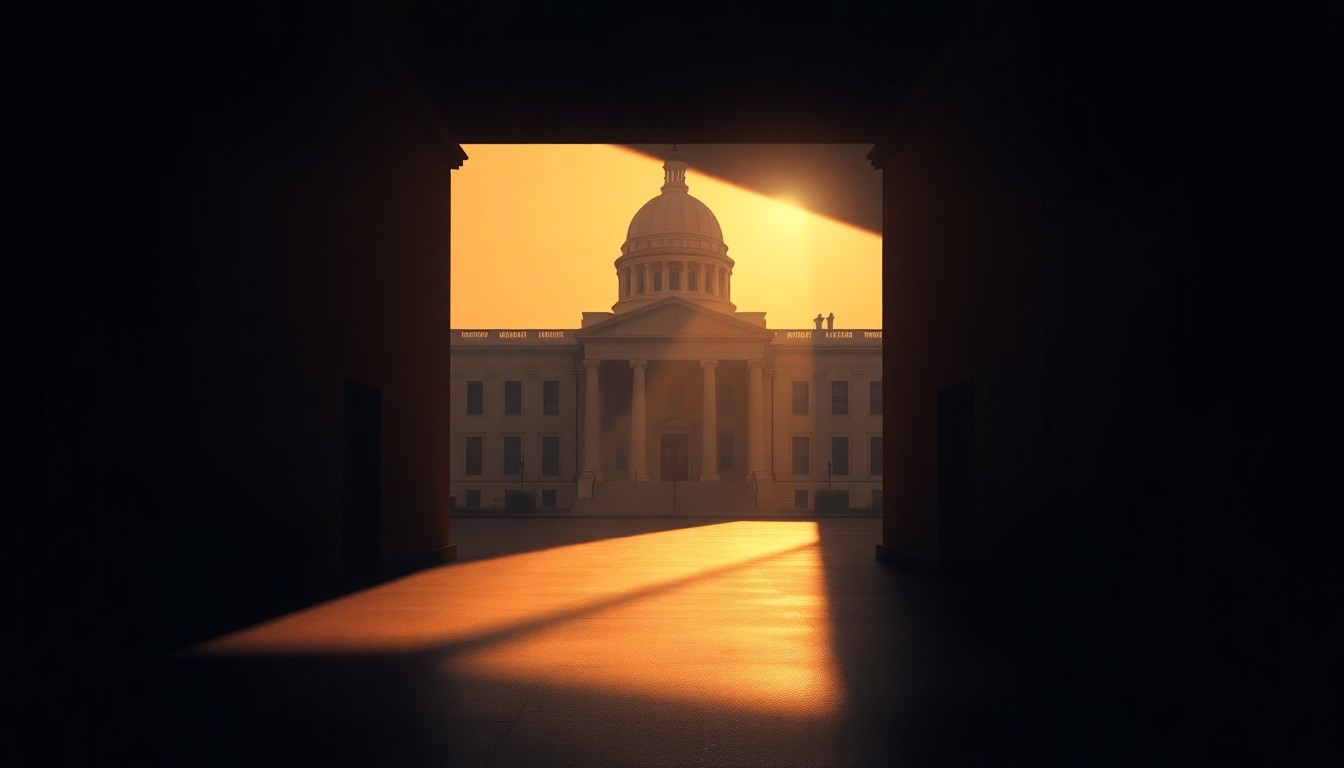 A dimly lit, cinematic painting of an empty government office or legislative chamber, with warm sunlight streaming through the windows and deep shadows cast across the desks and chairs, creating a sense of solitude and contemplation.