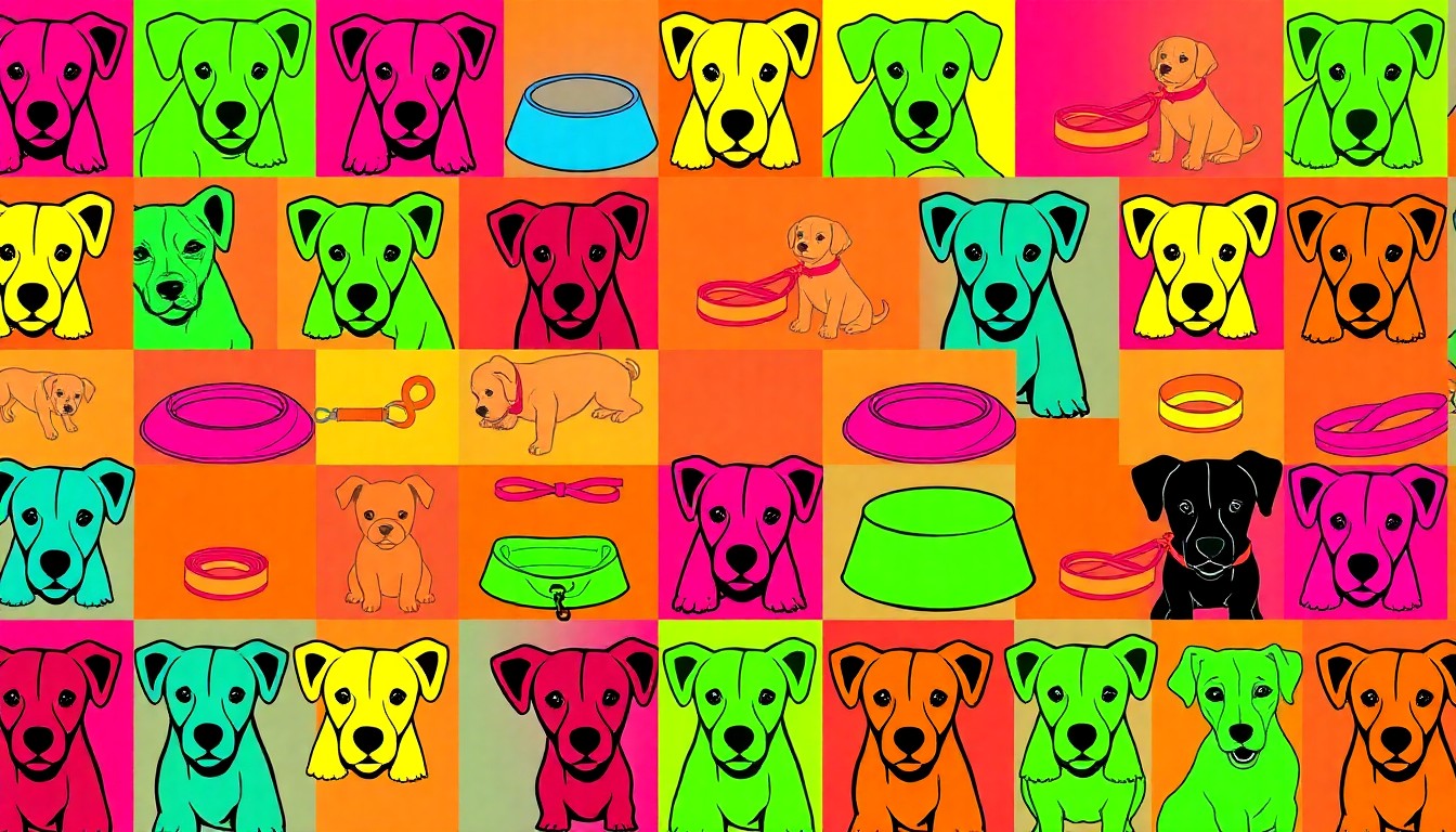 A brightly colored, high-contrast silkscreen print of a dog collar repeated in a tight grid pattern, capturing the celebratory energy of a regional dog show in a modern, abstract style.