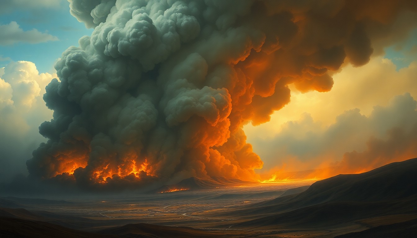 A dramatic landscape painting in muted earth tones, with a massive plume of smoke and flames consuming the horizon and dwarfing a small town in the distance, conveying the overwhelming scale and power of a fast-moving wildfire.